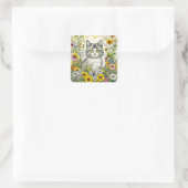Grijze kitty kat zitten in bloemen vierkante sticker (Tas)