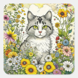 Grijze kitty kat zitten in bloemen vierkante sticker