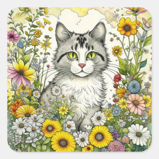 Grijze kitty kat zitten in bloemen vierkante sticker (Voorkant)