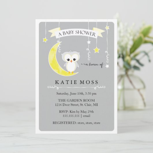 Grijze Kleine Owl | Uitnodiging tot Baby shower (Staand voorkant)