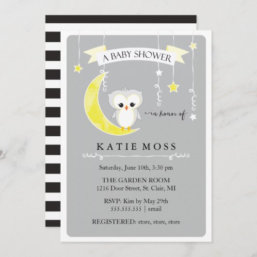 Grijze Kleine Owl | Uitnodiging tot Baby shower (Voorkant / Achterkant)
