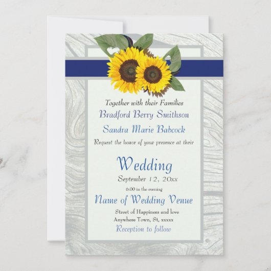 Grijze kobalt Blue Sunflower Rustic Wedding Kaart (Voorkant)