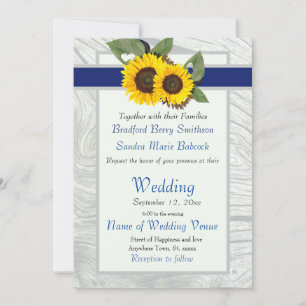 Grijze kobalt Blue Sunflower Rustic Wedding Kaart