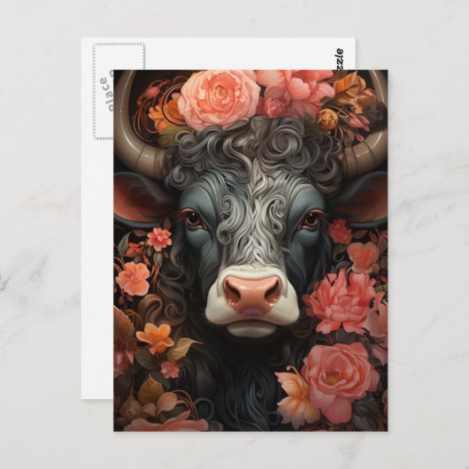 Grijze Koe met krullend haar in de bloemen Briefkaart (Voorkant / Achterkant)