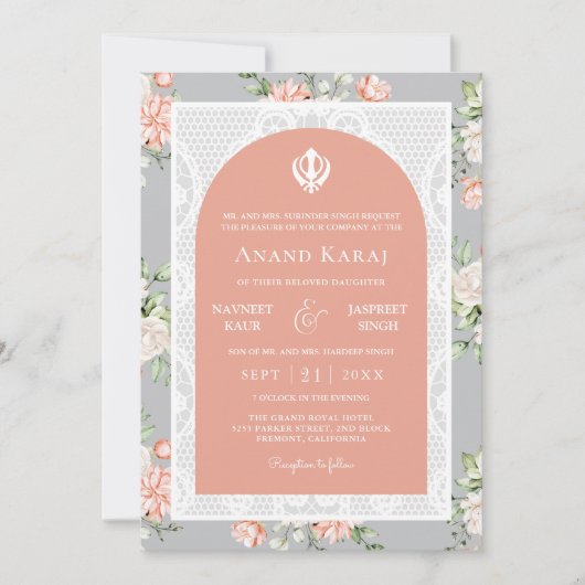 Grijze koraal Bloemen Anand Karaj Punjabi Sikh Bru Kaart (Voorkant)