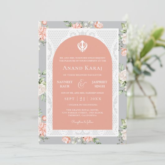 Grijze koraal Bloemen Anand Karaj Punjabi Sikh Bru Kaart (Staand voorkant)