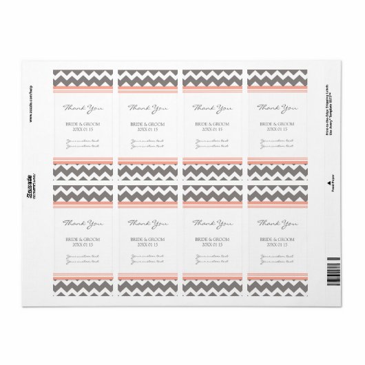 Grijze koraal Chevron bruiloft labels (Full Sheet)