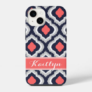 Grijze Koraal en Marine Ikat Marokkaans Monogram iPhone 14 Hoesje