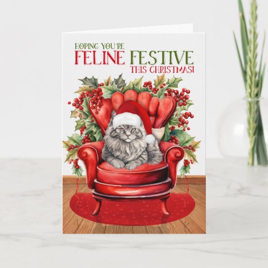 Grijze Langharige Kerstkat FELINE Festive Feestdagen Kaart (Voorkant)