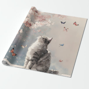 Grijze lapjeskat - Kersenbloesems & Vlinders Cadeaupapier