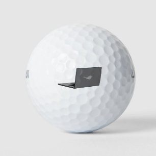 Grijze laptop met vogel logo cartoon golfballen
