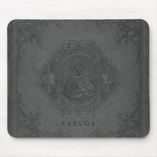 Grijze  leder met ingegraveerde paardenkop muismat (Voorkant)