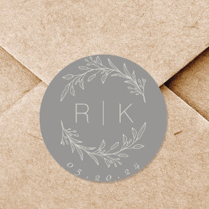 Grijze Lijn Kunst Botanische Krans Trouwmonogram Ronde Sticker