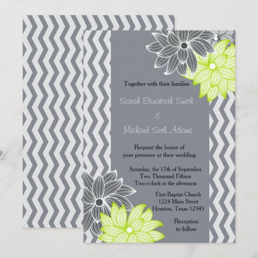 Grijze Lime Groene Chevron Bloemen Huwelijksuitnod Kaart (Voorkant / Achterkant)