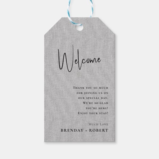 Grijze linnen Eenvoudig script Welkomstweddenschap Cadeaulabel (Voorkant)