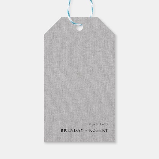 Grijze linnen Eenvoudig script Welkomstweddenschap Cadeaulabel (Achterkant)