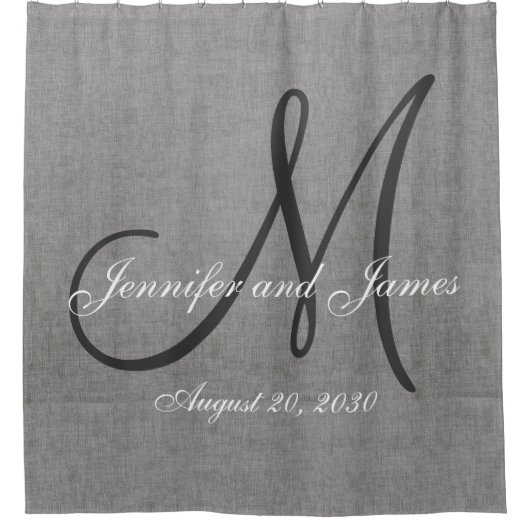 Grijze Linnen Look Monogram Namen Huwelijk Douchegordijn (Voorkant)