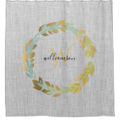 Grijze linnen met goudmakreel monogrammen douchegordijn (Voorkant)