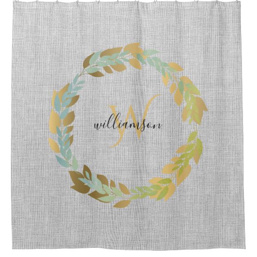 Grijze linnen met goudmakreel monogrammen douchegordijn (Voorkant)