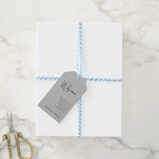 Grijze linnen Simple Script Welkomst Huwelijks Cad Cadeaulabel (Met Touw)