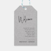 Grijze linnen Simple Script Welkomst Huwelijks Cad Cadeaulabel (Voorkant)
