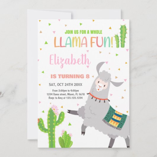 Grijze Llama Fun Llama Verjaardagsuitnodigingen Kaart (Voorkant)