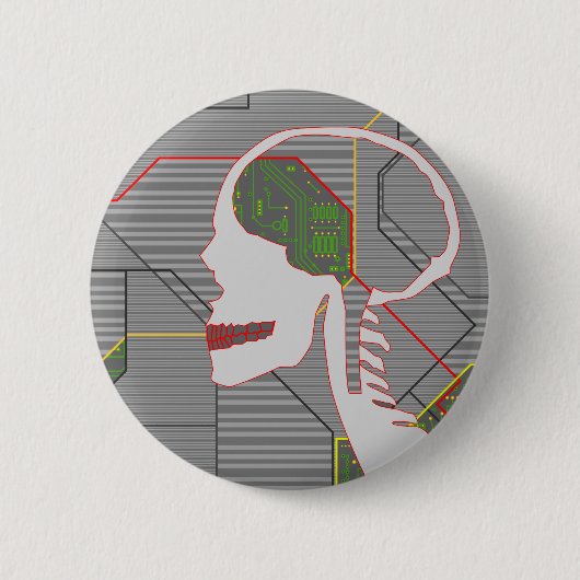 grijze logicschedel ronde button 5,7 cm (Voorkant)