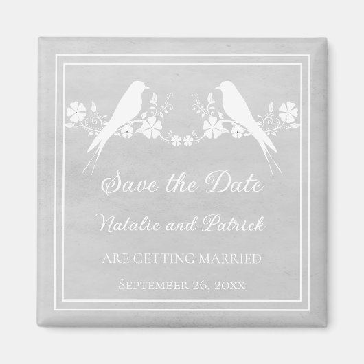 Grijze Lovebird Bloemige Save the Date-magneet Magneet (Voorkant)