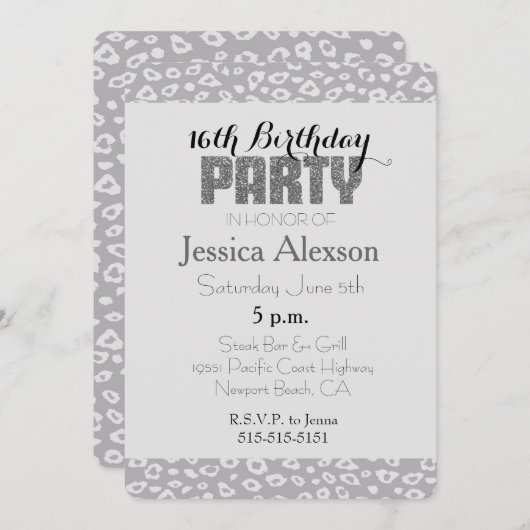 Grijze luipaard print 16e verjaardag kaart (Voorkant / Achterkant)