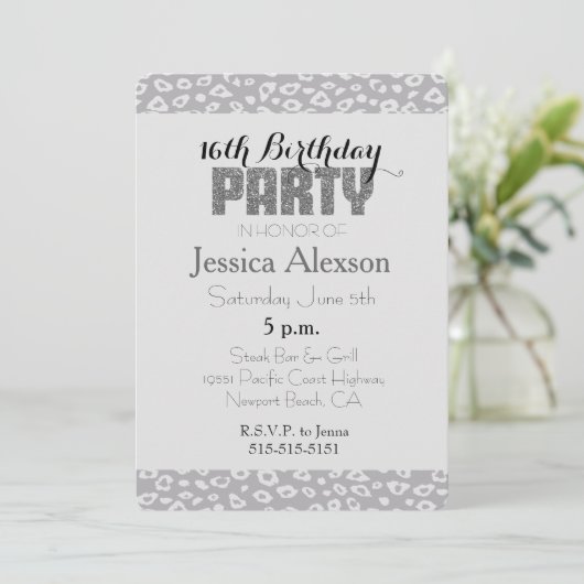 Grijze luipaard print 16e verjaardag kaart (Staand voorkant)