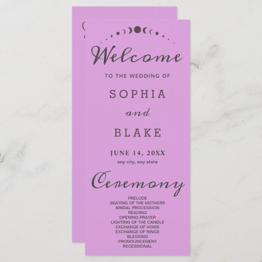 Grijze Maan Phases Plum Paarse Bruiloft Programma (Voorkant / Achterkant)