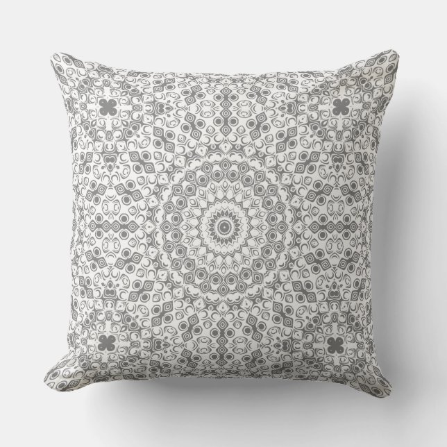 Grijze Mandala Geometrisch Patroon Kussen (Voorkant)