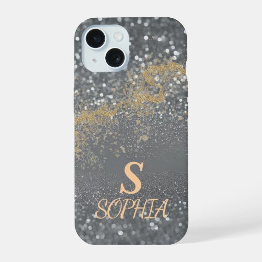Grijze marmeren chique gouden glitter monogram iPhone 15 case (Achterkant)