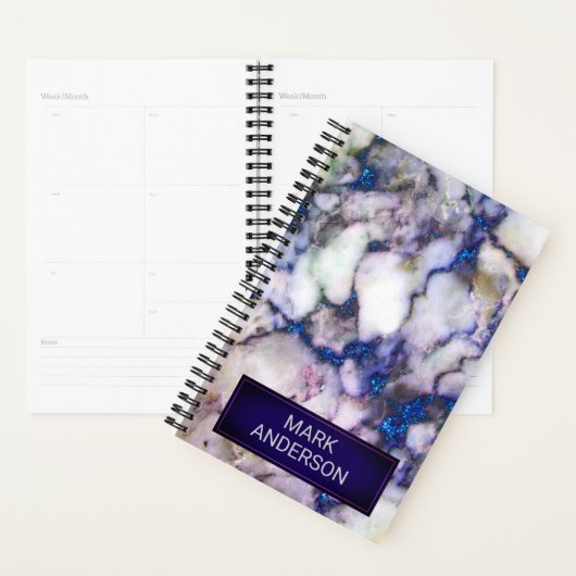 Grijze marmeren steen en blauwe glitter planner (Display)