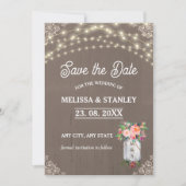 Grijze Mason Jar Rustic Flower String Lights Save The Date (Voorkant)