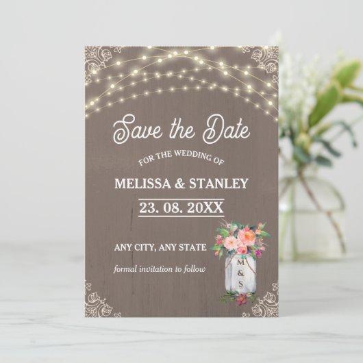 Grijze Mason Jar Rustic Flower String Lights Save The Date (Staand voorkant)