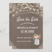 Grijze Mason Jar Rustic Flower String Lights Save The Date (Voorkant / Achterkant)