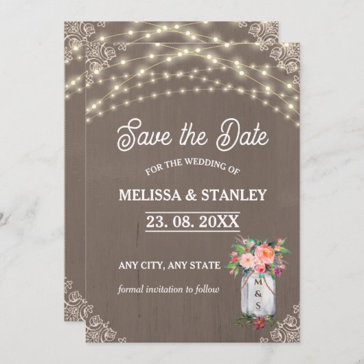 Grijze Mason Jar Rustic Flower String Lights Save The Date (Voorkant / Achterkant)