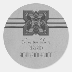 Grijze Medallion-grens Bewaar de datum-Stickers Ronde Sticker