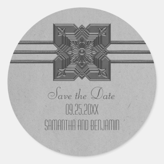 Grijze Medallion-grens Bewaar de datum-Stickers Ronde Sticker (Voorkant)