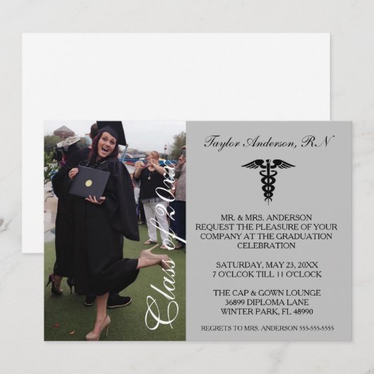 Grijze medische RN Aankondiging Afstuderen school (Voorkant / Achterkant)