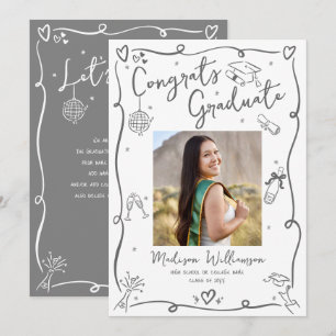 Grijze met de hand getekende krabbels afstudeerfot aankondiging