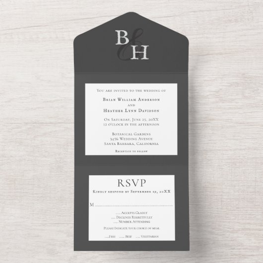 Grijze minimalistische monogram bruiloft all in one uitnodiging (Binnen)
