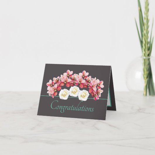 Grijze Mint Orchidee & Rozen Boeket Gefeliciteerd Kaart (Voorkant)