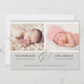 Grijze moderne tweelingaankondiging kaart (Voorkant)