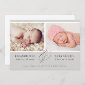 Grijze moderne tweelingaankondiging kaart (Voorkant / Achterkant)