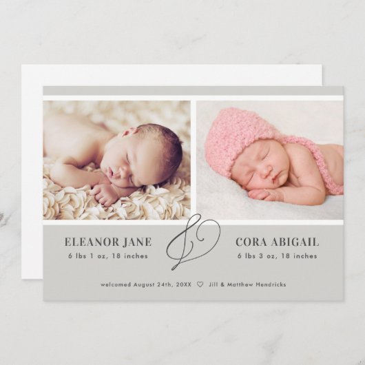 Grijze moderne tweelingaankondiging kaart (Voorkant / Achterkant)