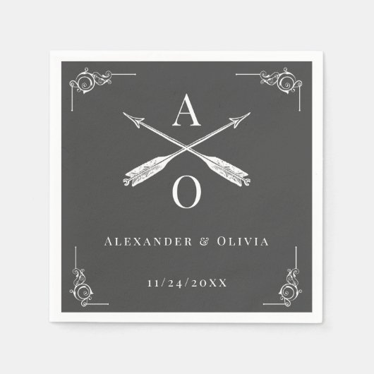 Grijze Monogram en Pijlen Bruiloft Servetten (Voorkant)