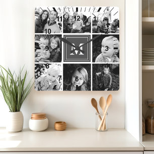 Grijze monogram familiefotocollage vierkante klok