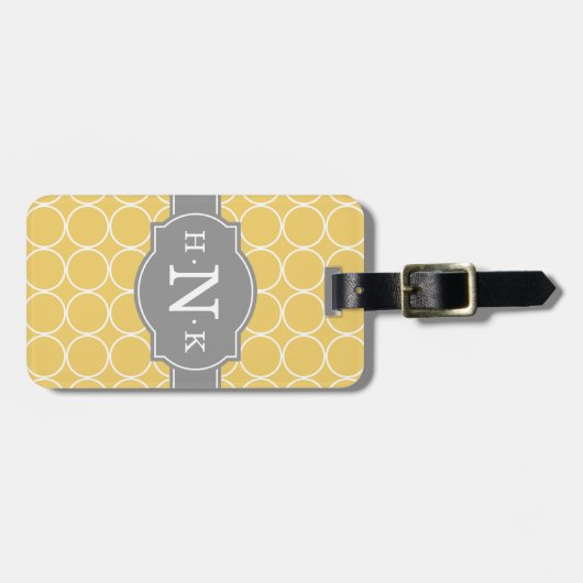 Grijze monogram voor Girly Yellow Circle Pattern Bagagelabel (Voorkant horizontaal)